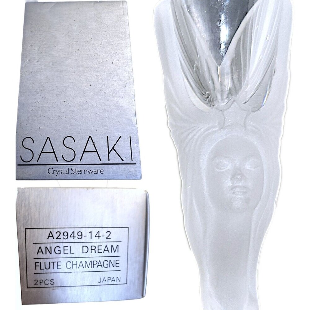 SASAKI Rare Crystal Flute Champagne Glass Set VTG Frosted Stem Base ANGEL DREAM